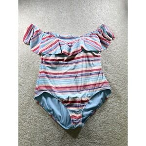 Time And Tru Swimsuit Womens 1X One Piece Off Shoulder Ruffle Striped Plus Size